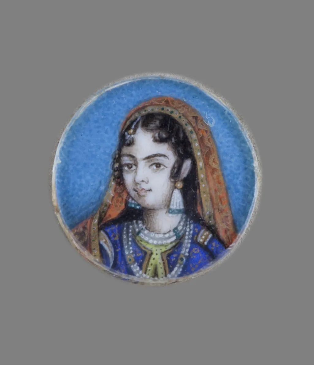 One of twelve tiny paintings depicting Mughal emperors, Afghan and Sikh nobles, and Mughal ladies., by Unknown, paint, 1850