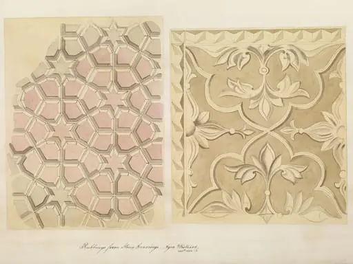 One of twenty-nine drawings of details of architectural ornament taken from rubbings of stone decoration on monuments in Agra district, including Fatehpur Sikri and Sikandra., by Unknown