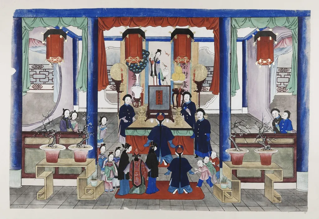 One scene of a wedding: bride and groom paying respect to the ancestors, by Unknown, paint, 1880