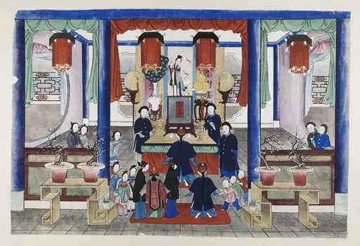One scene of a wedding: bride and groom paying respect to the ancestors, by Unknown
