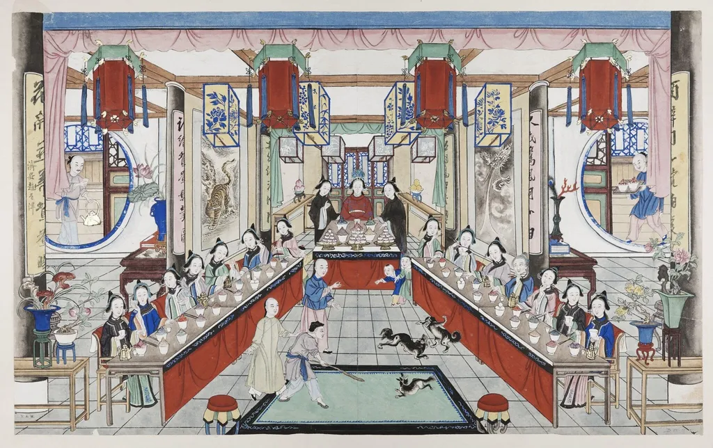 One scene of a wedding: ladies dining with the bride,, by Unknown, paint, 1880