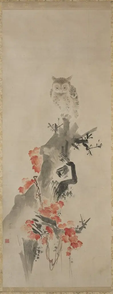 Owl and Red Leaves, by Unknown