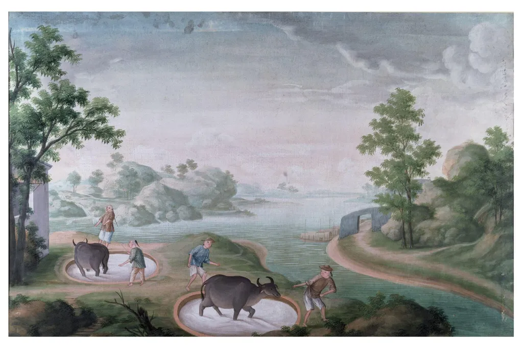 Oxen Treading China Stone in Pits, by Unknown, paint, 1780