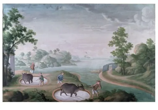 Oxen Treading China Stone in Pits, by Unknown