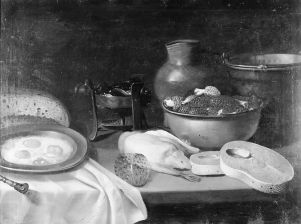 På et køkkenbord ses to stykker laks, en plukket and, en skål og flere ting, by Unknown, 1750