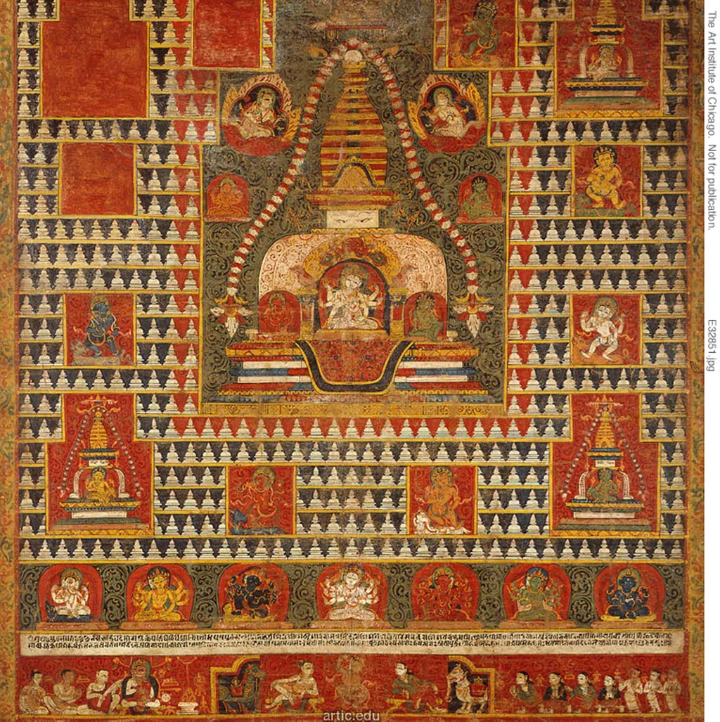 Painted Banner (paubha) of Goddess Ushnishavijaya Within a Funerary Mound (chaitya) and Surrounded by Chaityas, by Unknown, unspecified, 1513