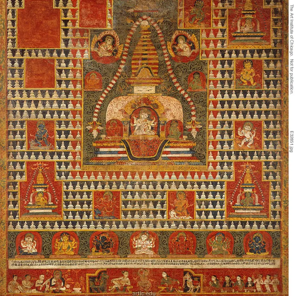 Painted Banner (paubha) of Goddess Ushnishavijaya Within a Funerary Mound (chaitya) and Surrounded by Chaityas, by Unknown