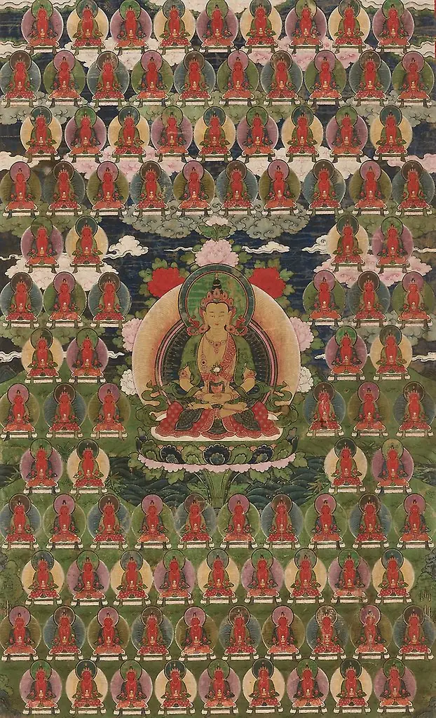 Painted Banner (Thangka) of Amitayus Buddha Surrounded by One Hundred Buddhas, by Unknown