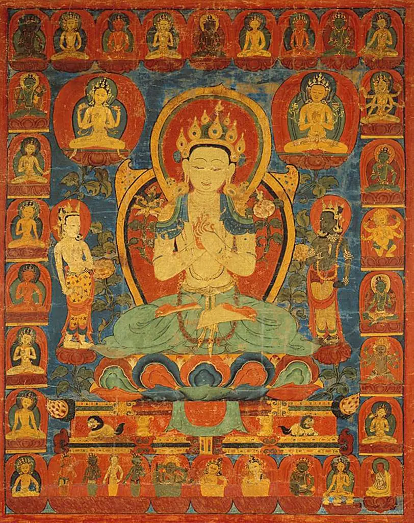 Painted Banner (Thangka) of Bodhisattva Maitreya Surrounded by his Retinue, by Unknown, 1550