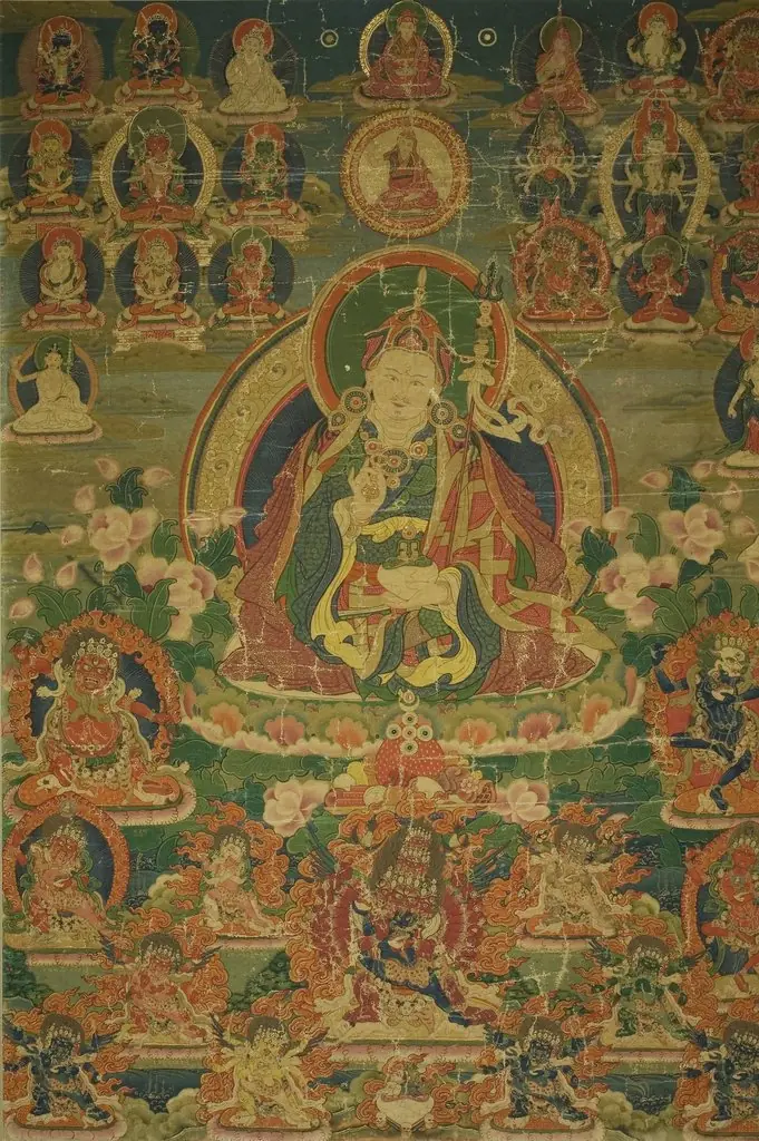 Painted Banner (Thangka) of Sage Guru Padmasambhava Seated Holding a Thunderbolt (Vajra) and Skull Cup (Kapala), by Unknown, 1750