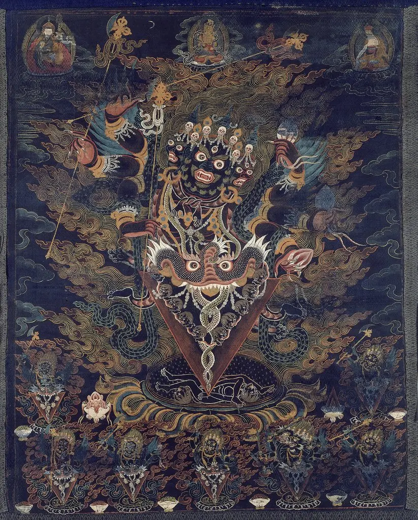 Painted Banner (Thangka) with Guru Dragpur or Vajrakila, a Wrathful Form of Guru Padmasambhava, by Unknown