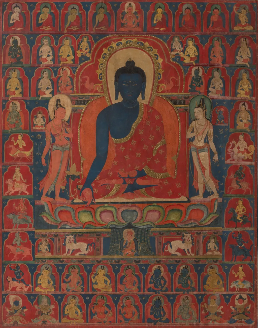Painted Banner (Thangka) with the Medicine Buddha (Bhaishajyaguru), by Unknown, gold, 1300