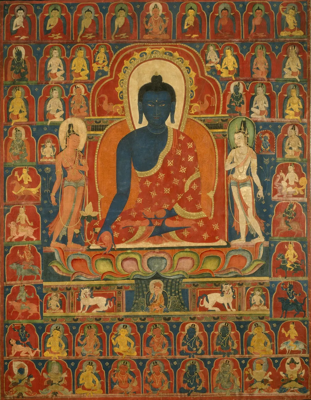 Painted Banner (Thangka) with the Medicine Buddha (Bhaishajyaguru), by Unknown, unspecified, 1300
