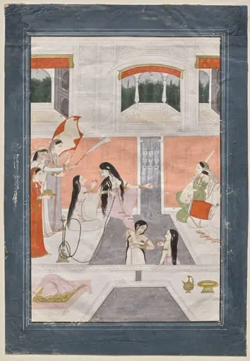 Palace women enjoy music by the side of a cascade, by Unknown