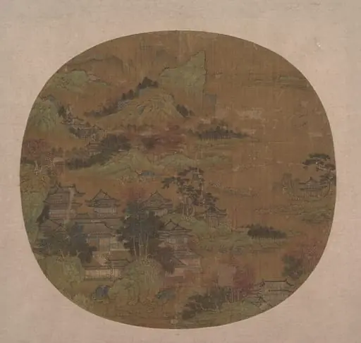 明	佚名	樓觀松風圖	團扇|Palaces among Autumn Mountains, by Unknown, 1416