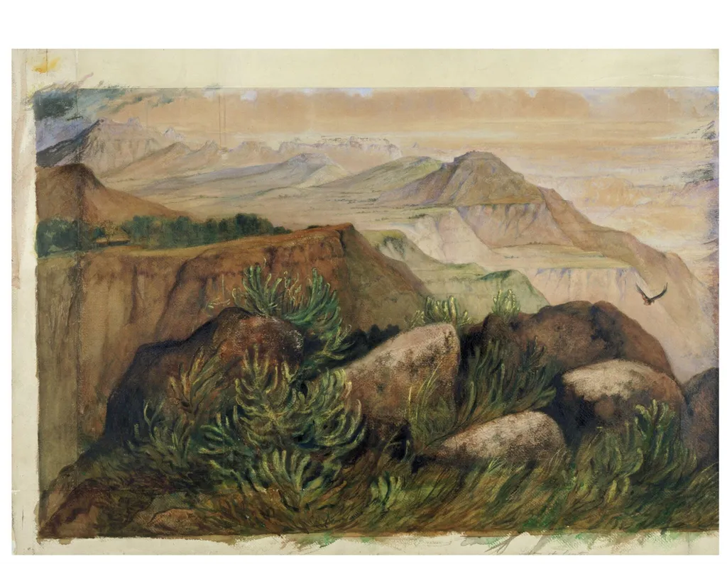 Panorama of the Western Ghats from Mahabaleshwar, by Unknown, paint, 1850