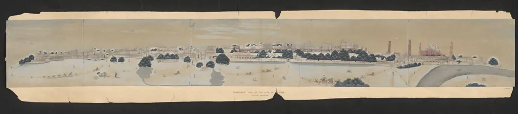 Panoramic view of the city of Lahore showing the Lahore Fort on the right., by Unknown, paint, 1860