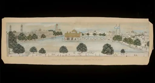 Panoramic view of the Golden Temple, Amritsar, with the surrounding water tank and buildings., by Unknown