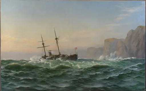 Panserskibet "Iver Hvitfeldt" passerer Forbjerget Stat på vejen til Trondhjem i sommeren 1893, by Unknown