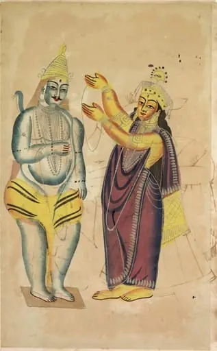Parvati Placing a Wedding Garland on Shiva (recto), from a Kalighat album, by Unknown, 1890