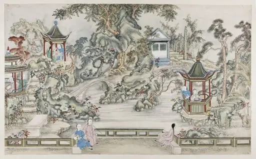Pavilions in lake area, by Unknown