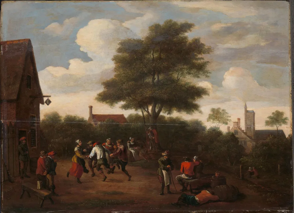Peasants Dancing Outside the Crescent Tavern, by Unknown, unspecified, 1660