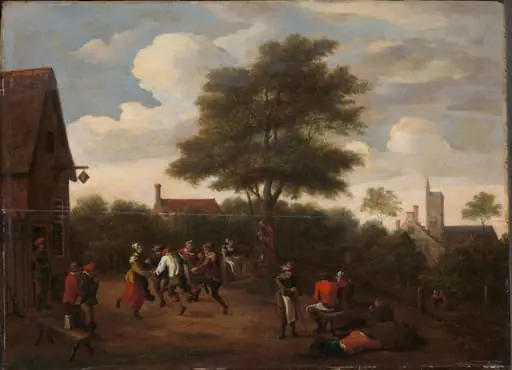 Peasants Dancing Outside the Crescent Tavern, by Unknown