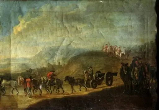 Peisaj cu artilerie pe colină ; pandant: Peisaj cu artilerie și cavalerie, by Unknown