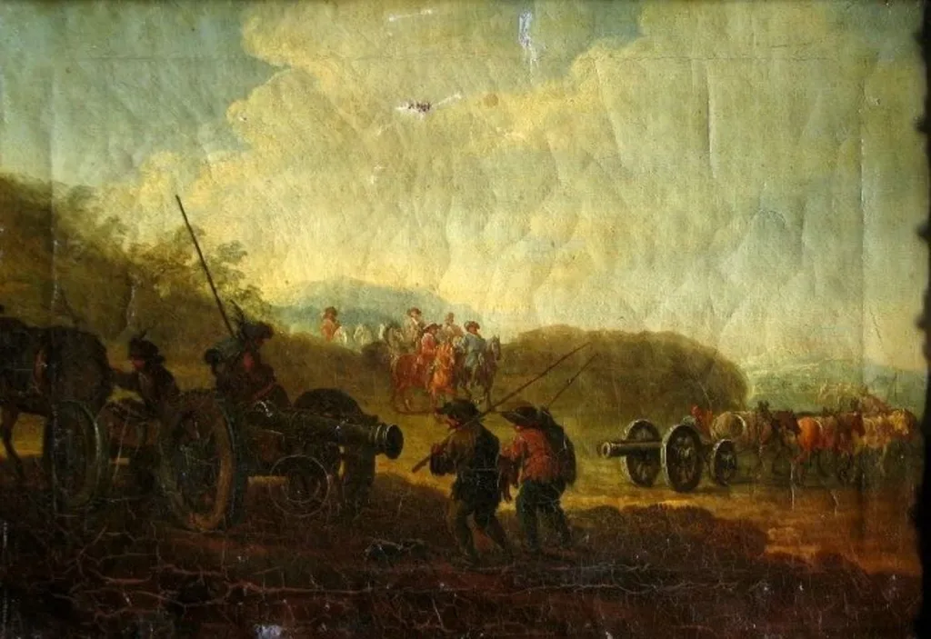 Peisaj cu artilerie și cavalerie ; pandant: Peisaj cu artilerie pe colină, by Unknown, unspecified, 1699
