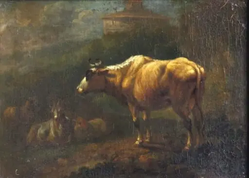 Peisaj cu vite ; pandant: Mică turmă în peisaj păduros, by Unknown