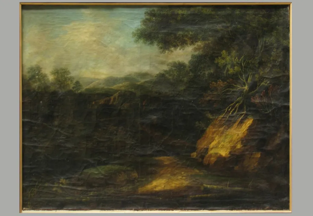 Peisaj de pădure cu turn; pandant: Peisaj de pădure cu moară, by Unknown, unspecified, 1699