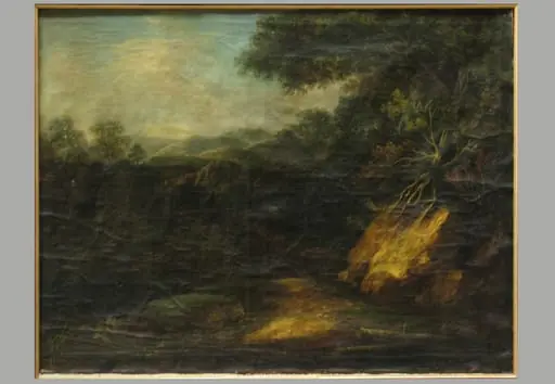Peisaj de pădure cu turn; pandant: Peisaj de pădure cu moară, by Unknown