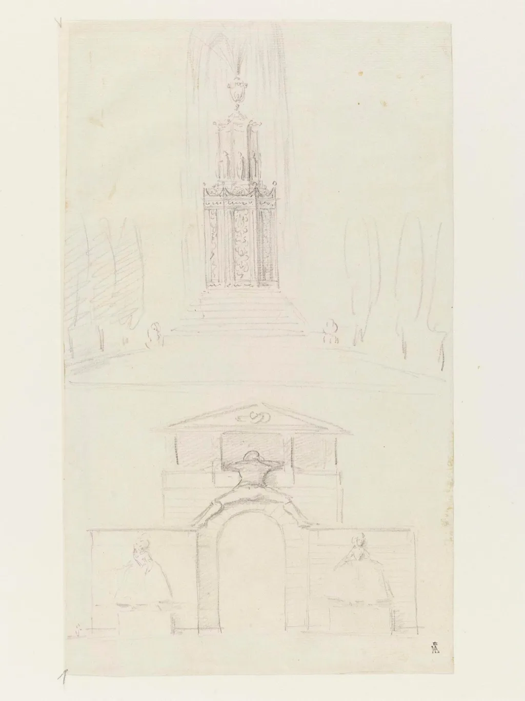 Pencil drawing of a fountain and entryway, by Unknown, 1750