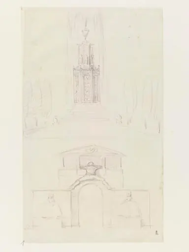 Pencil drawing of a fountain and entryway, by Unknown