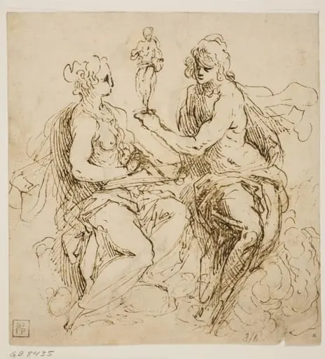 Personifications of Painting and Sculpture sitting on clouds, by Unknown