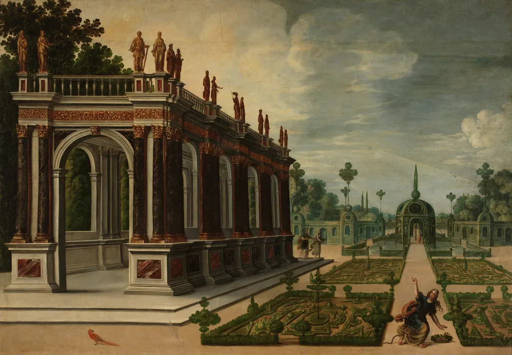 Perspectiva con jardín, by Unknown, oil, 1701