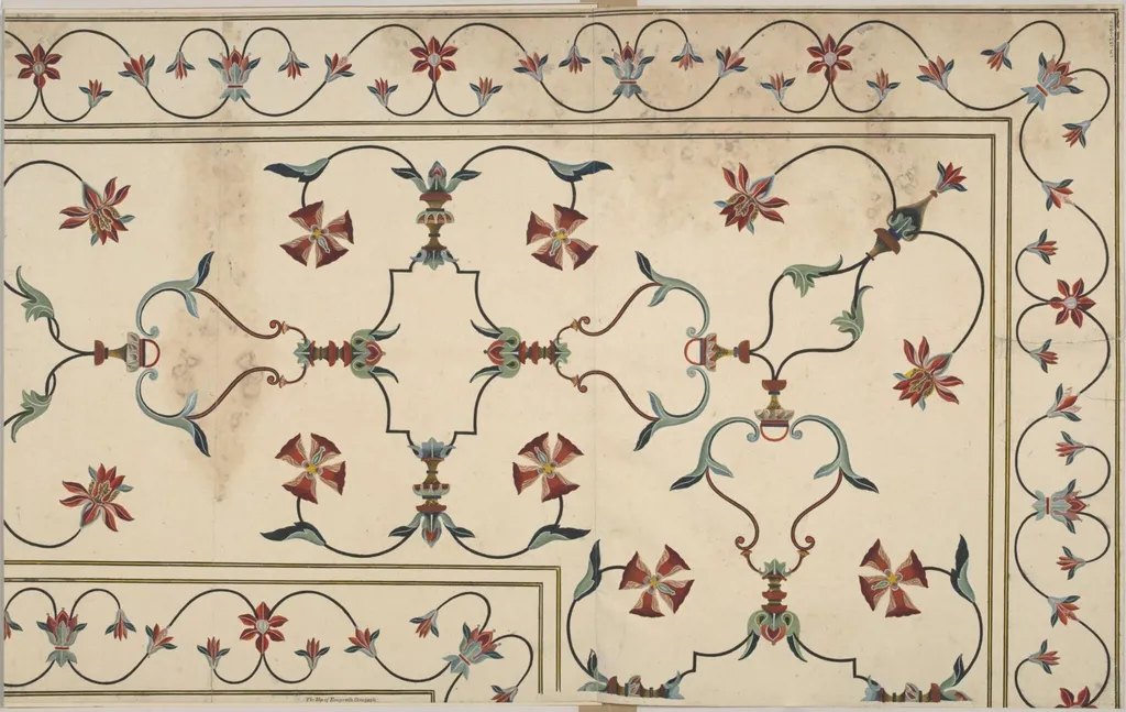 Pietra-dura work decoration on the top of the cenotaph of the Empress Arjumand Banu Begam, Taj Mahal, Agra, by Unknown, 1819