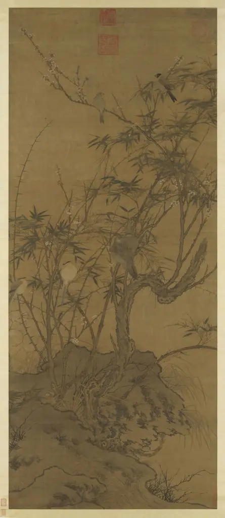 Plum Tree, Bamboo, and a Gathering of Birds, by Unknown