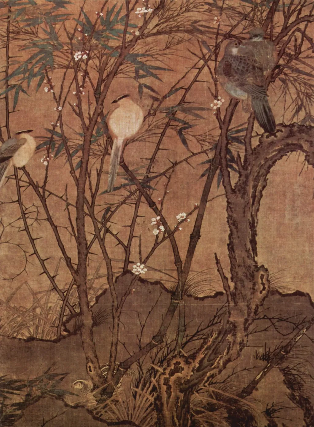 Plum Tree, Bamboo, and a Gathering of Birds, by Unknown, unspecified