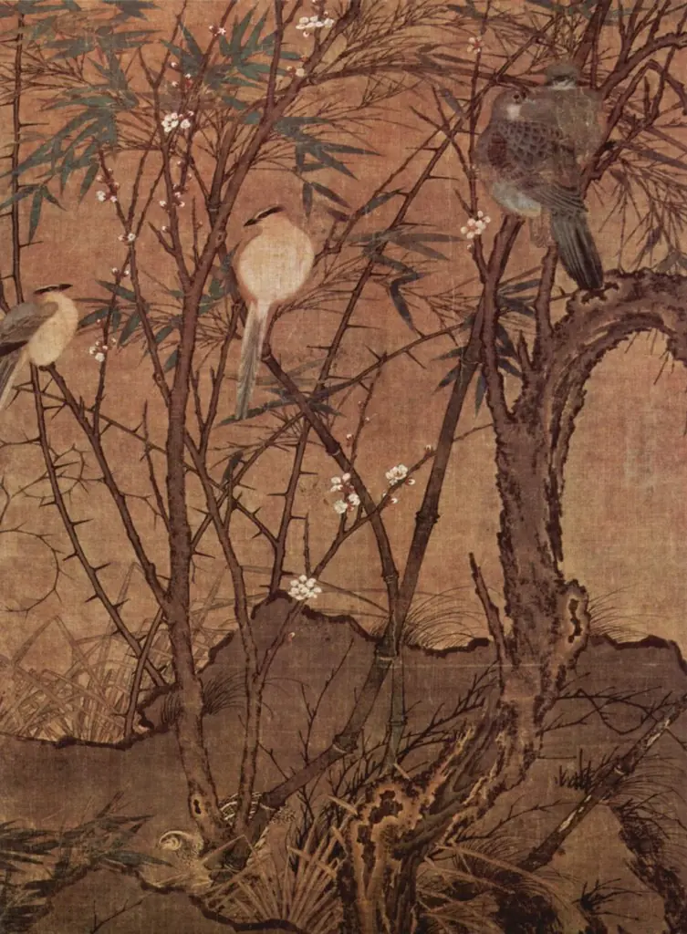 Plum Tree, Bamboo, and a Gathering of Birds, by Unknown
