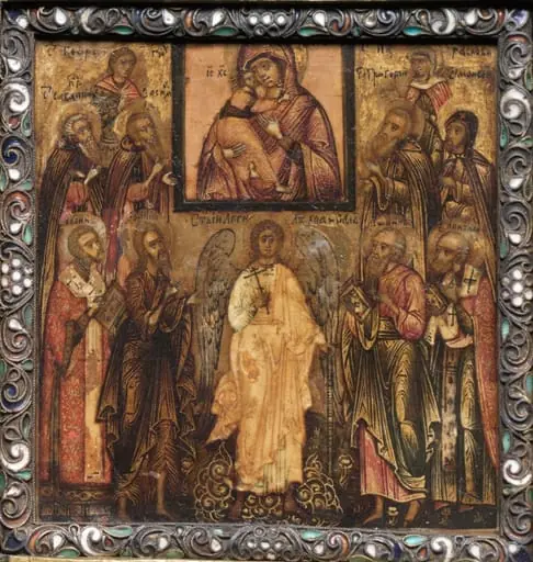Portable Triptych Icon: Adoration of the Miracle-Working Icon of the Vladimir Mother of God, by Unknown