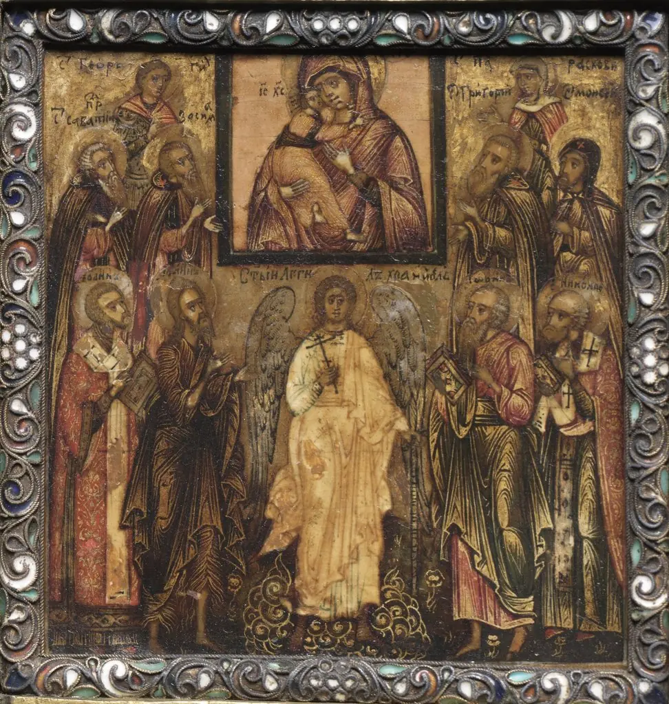 Portable Triptych Icon: Adoration of the Miracle-Working Icon of the Vladimir Mother of God, by Unknown