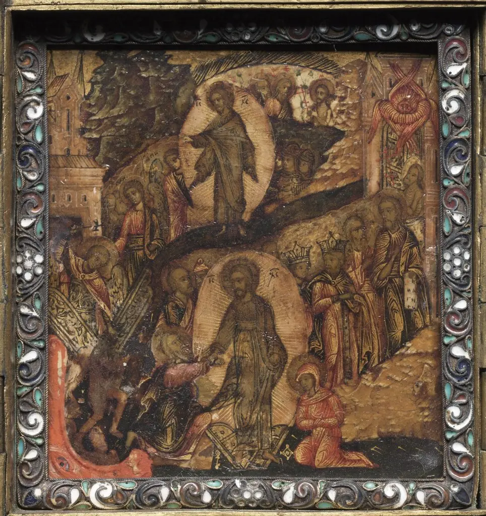 Portable Triptych Icon: The Resurrection and Anastasis, by Unknown