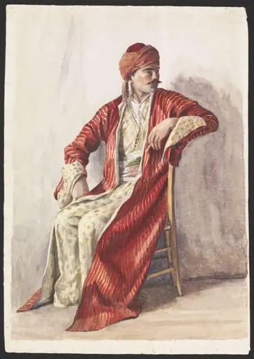 Portrait, full-length, facing right, of a Man in Arab dress, possibly smoking a cheroot, by Unknown