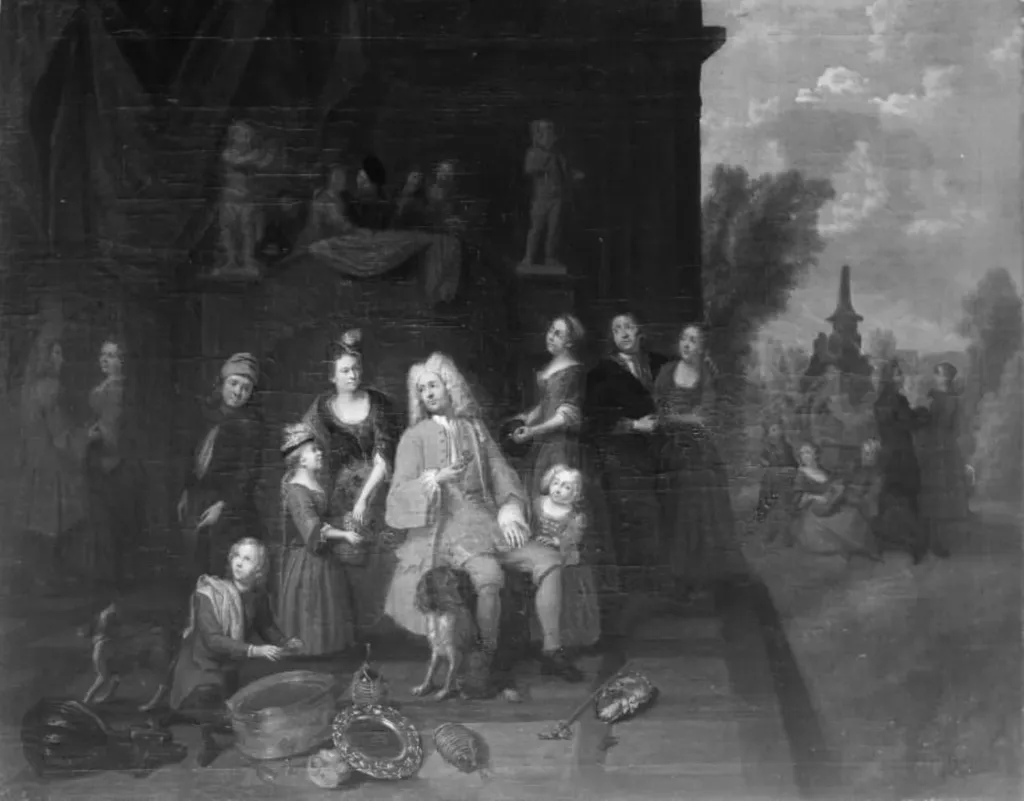 Portrait Group on a Terrace of a Park, by Unknown, unspecified, 1722