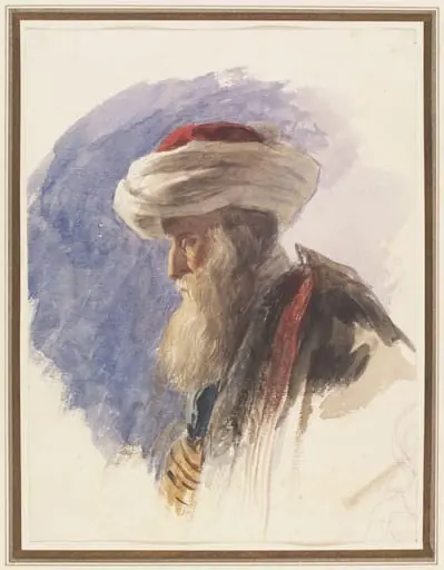 Portrait, head and shoulders, facing left, of an oriental man wearing a white turban, by Unknown