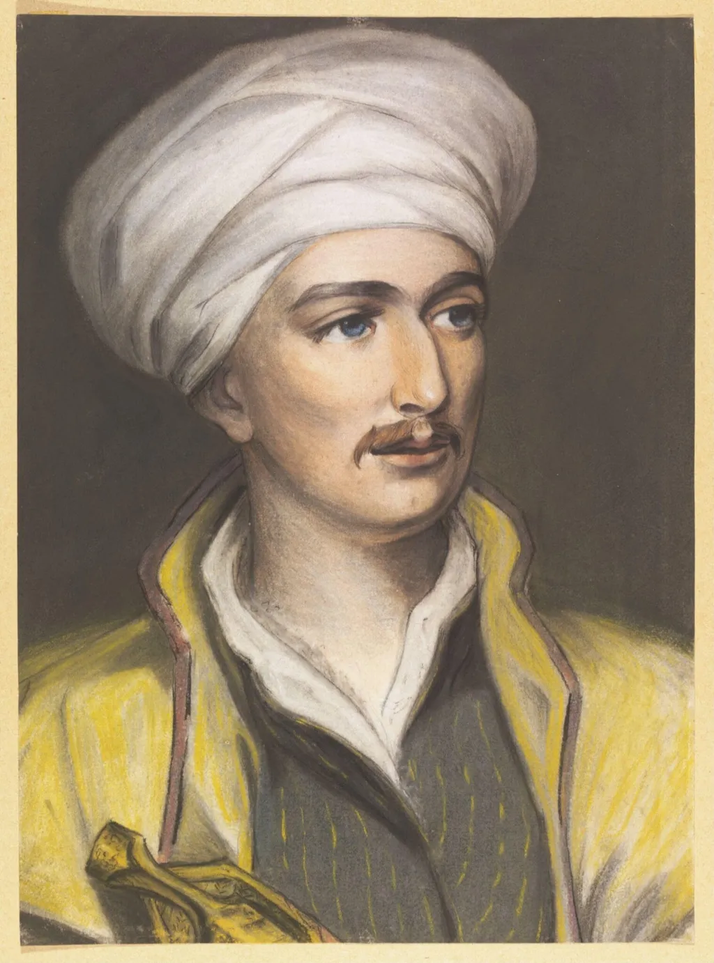 Portrait, head and shoulders, facing right, of a young man in Oriental dress, by Unknown, watercolor, 1850