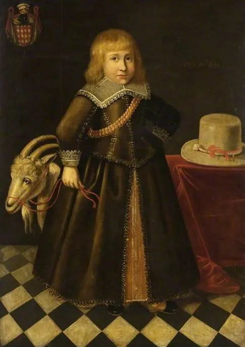 Portrait of a child with a toy goat, by Unknown