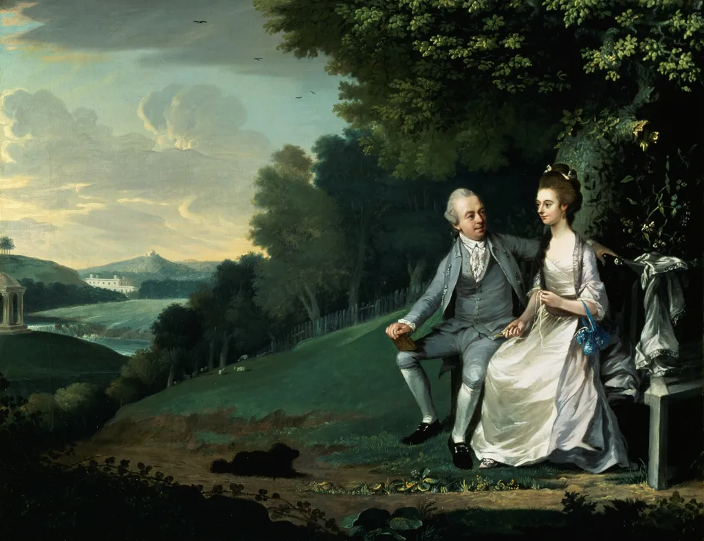 Portrait of a Couple, said to be Sir Francis and Lady Dashwood at Wycombe Park, by Unknown, oil, 1788