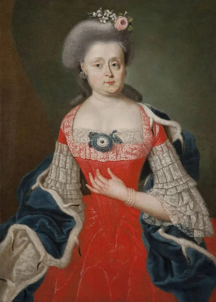 Portrait of a lady in a red dress, by Unknown